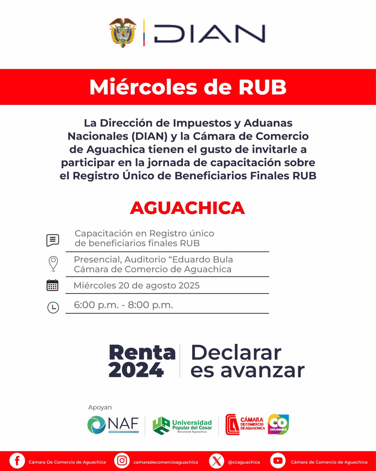 WHITE BACKGROUND, DARK BLUE LETTERS, AT THE BOTTOM LOGOS OF THE CHAMBER OF COMMERCE, THE UNIVERSIDAD POPULAR DE CESAR, AND THE NAF