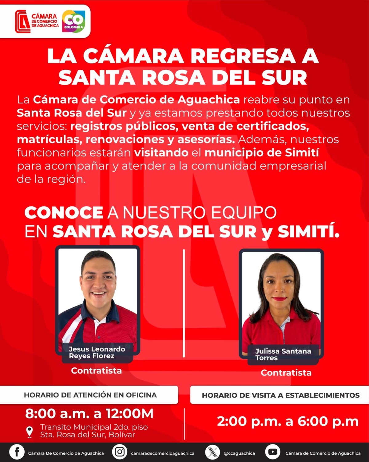 RED BACKGROUND, CAMERA LOGOS IN THE UPPER LEFT CORNER WITH A WHITE BACKGROUND, TWO PHOTOGRAPHS OF TWO OFFICIALS IN THE LOWER CORNER.