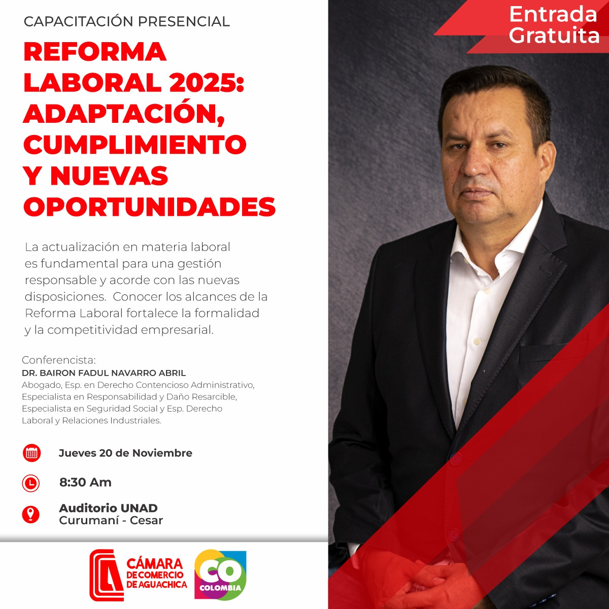 WHITE BACKGROUND, ON THE RIGHT SIDE IMAGE OF A MAN IN A SUIT, ON THE LEFT SIDE BLACK LETTERS WITH RED TITLE, LOGOS AT THE BOTTOM.