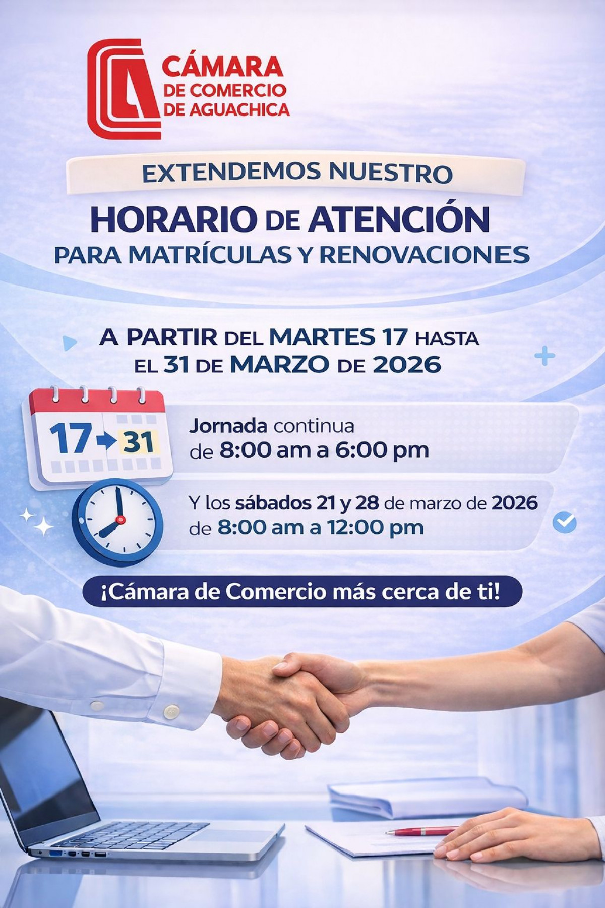 BACKGROUND PHOTO OF THE CHAMBER OF COMMERCE OF AGUACHICA WITH DARK BLUE SQUARE IN THE CENTER AND WHITE NUMBERS