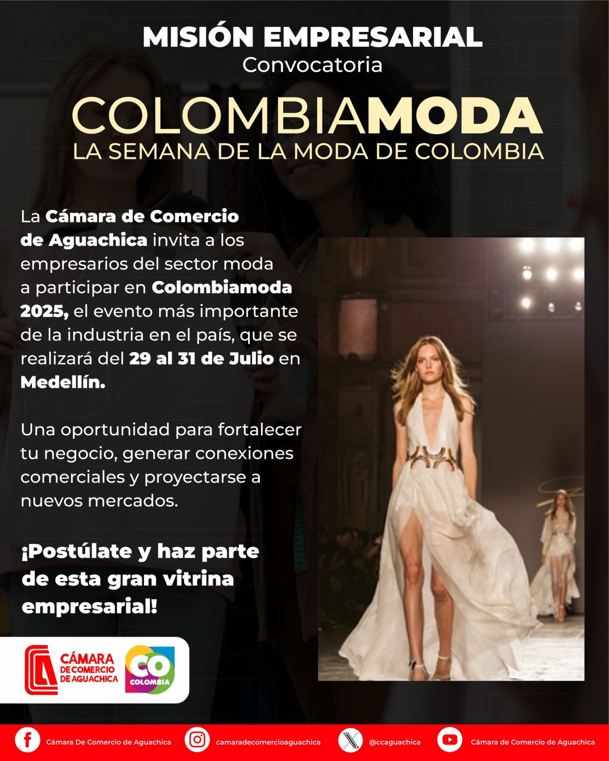 BLACK BACKGROUND WITH RIGHT SIDE IMAGE OF A WOMAN ON A CATWALK, LEFT SIDE WHITE LETTERING